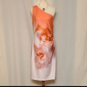 Donna Karan Peach Floral Print Cold-Shoulder Dress